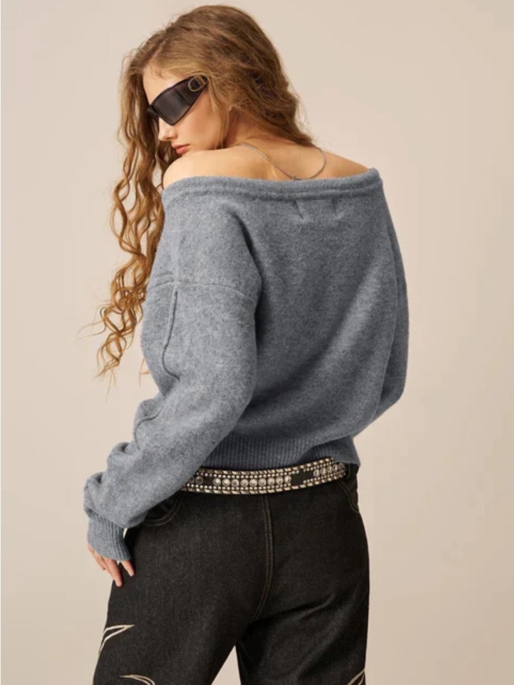 AELFRIC EDEN Grey Knit Off the Shoulder Full Zip Streetwear Cardigan Large